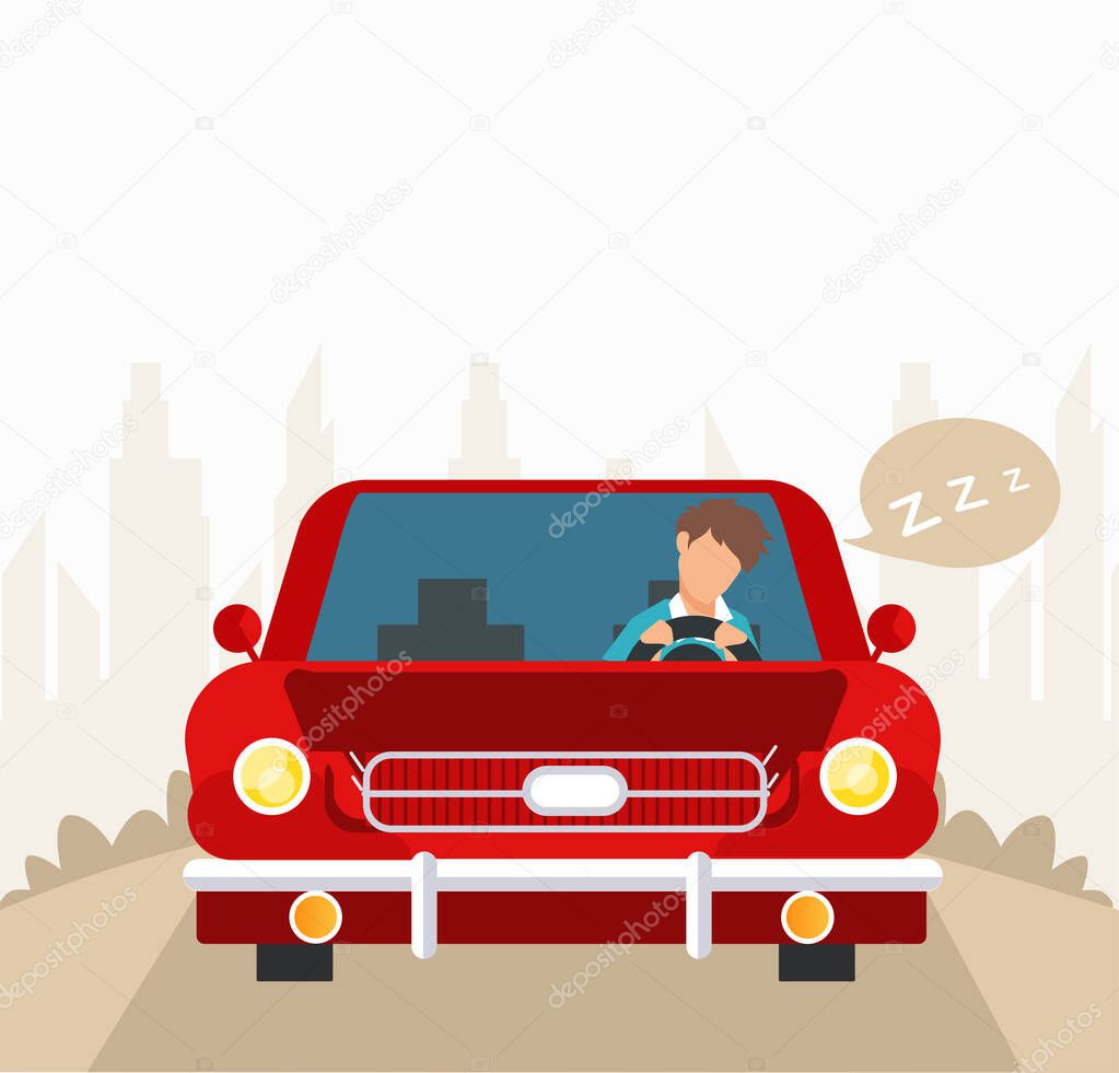 Vector of a tired young driver falling asleep while driving his car