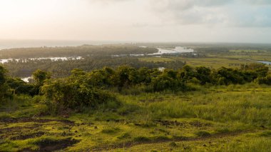 Manzaranın manzarası, dalgalı bir nehir uzakta akıyor ve tekneleri demirlemiş bir balıkçı limanı ve Goa, Hindistan 'da okyanus çok uzakta.