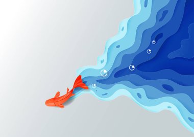 Origami kırmızı turuncu kağıt balığı mavi suda çokgen moda zanaat stili, kağıt sanat tasarımı arka plan