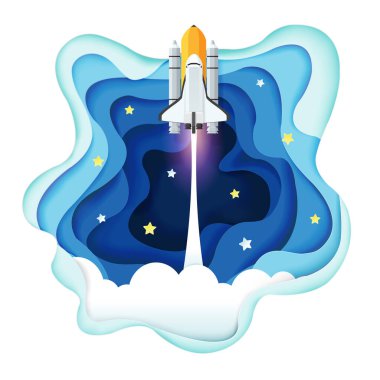 Origami roketinin kağıt sanatı uzaya fırlatılması, iş kurma konsepti