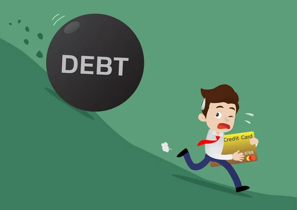Businessman Holding Credit Card Running Away Big Debt Weight Rolling — Stock Vector