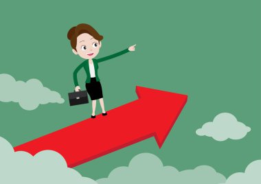 Büyüyen ok grafiğinde uçan ve başarıya işaret eden iş kadını