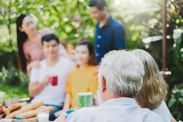 Mix Invecchiato Grande Famiglia Godere Avere Partito All Aperto Mangiare — Foto Stock