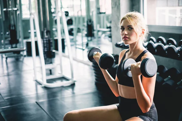 Woman Workout Lifting Dumbbell Weight Training Sport Gym — Stock Photo, Image