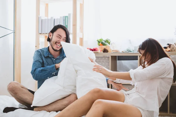 Young Asian Couple Lover Having Fun Tickling Together Laughing Smile — Stock Photo, Image