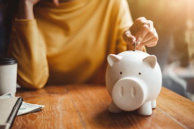 Kadın, para biriktirmek ve finansal konsept için domuzcuğa para yatırıyor..