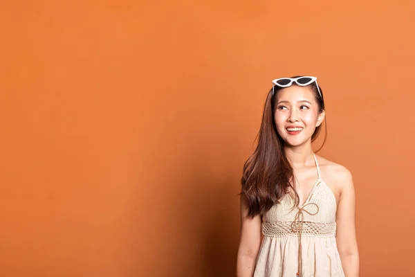 Young Asian Woman Summer Swimming Suit Smile Happy Orange Background — Stock Photo, Image