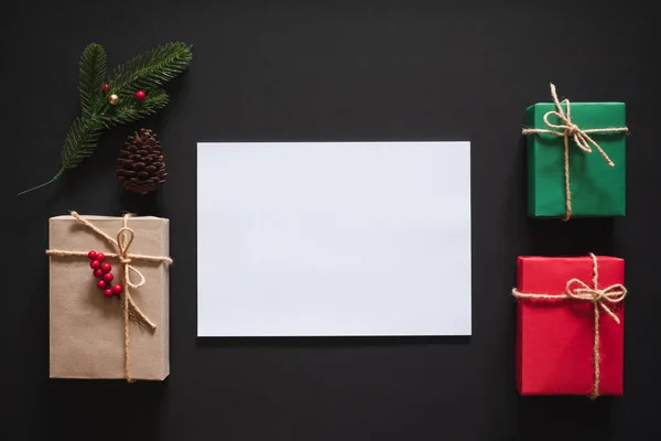 Karácsonyi Háttér Üres Másolás Tér Fehér Doboz Szöveges Ajándék Doboz — Stock Fotó