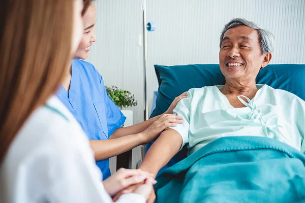 Asian Doctor Woman Encourage Disabled Old Patient Holding Hand — Stock Photo, Image