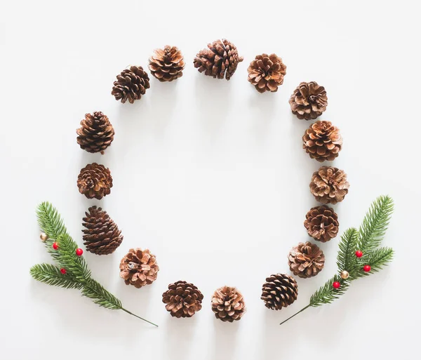 Pinecone Sur Fond Blanc Avec Composition Circulaire Flatlay — Photo