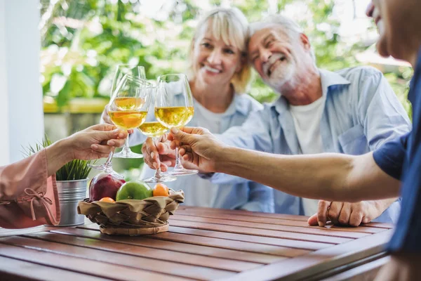 Groupe Personnes Âgées Profiter Fête Maison Boire Vin Blanc Chanter — Photo