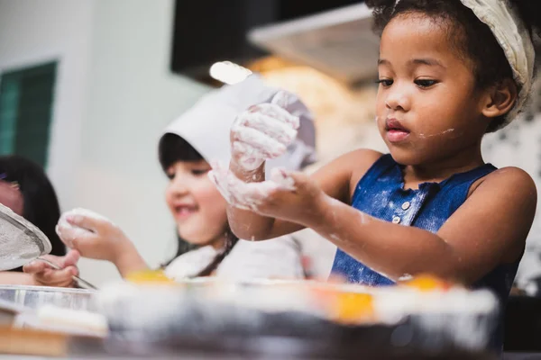Group Diversity Kids Girl Making Cake Bakery Kitchen — Stock Photo, Image