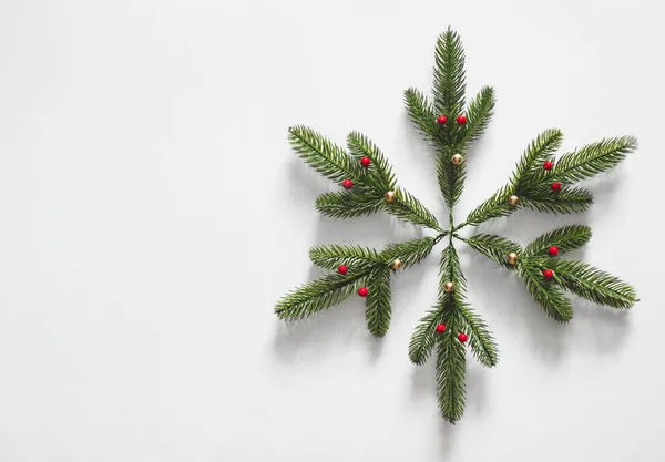 Snowflake Made Branches Pine Christmas Tree White Background Copy Space — Stock Photo, Image