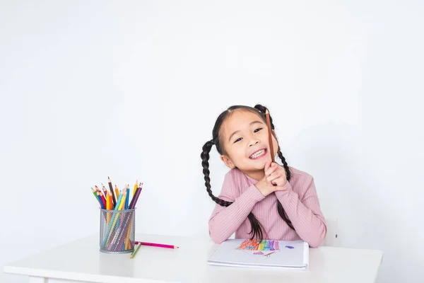 Asian Girl Kid Doing Drawing Many Colour Pencils White Paper — Stock Photo, Image
