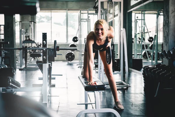 Woman Workout Lifting Dumbbell Weight Training Sport Gym — Stock Photo, Image