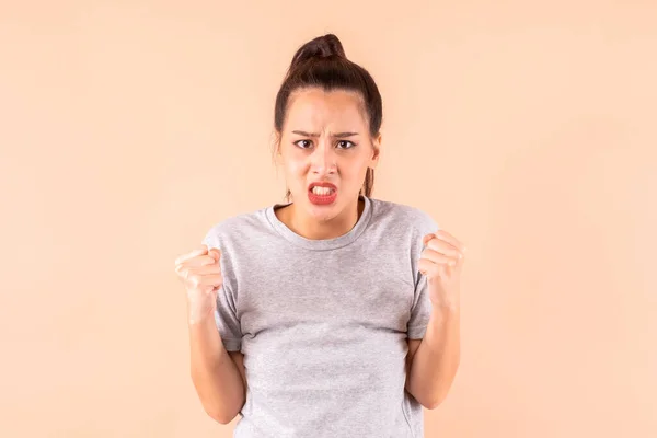 Angry anger Asian woman has emotional aggressive isoloate over blank background