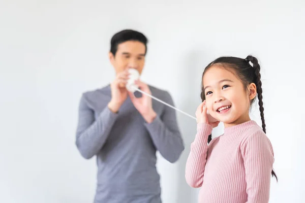 Father Daughter Playing Telephone Paper Cup Happy Smile White Background — Stock Photo, Image