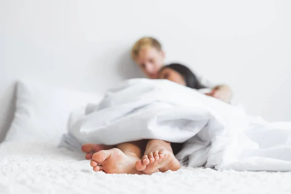 Nakna Passionerade Par Som Har Sex Vit Säng Kärlek Och — Stockfoto