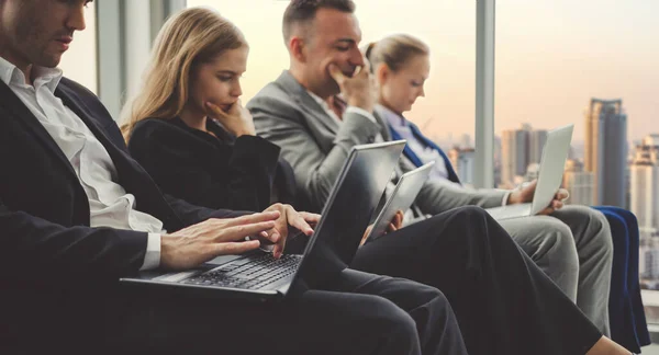 Business People Working Seriously Modern Office Using Smartphone Tablet Laptop — Stock Photo, Image