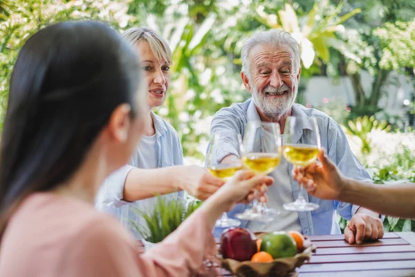 Gruppe Senior Nyder Fest Hjemme Drikker Hvidvin Synger Sange Slappe - Stock-foto