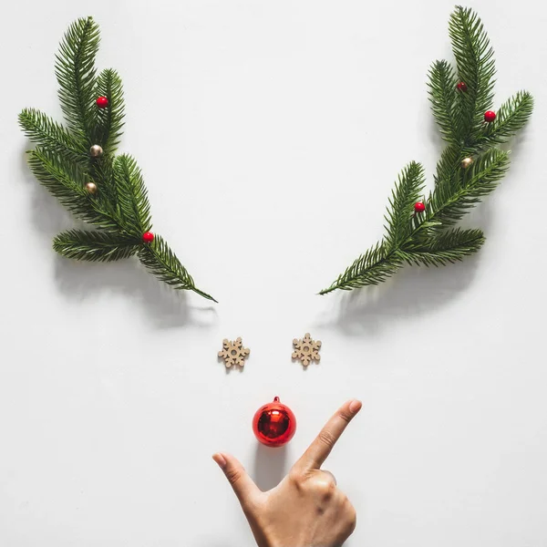 Renne Décoration Noël Sur Fond Blanc Pour Concept Noël Flatlay — Photo