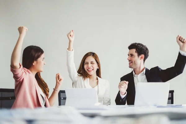 Business People Smile Raise Hands Feeling Happy Friday Complete Finish — Stock Photo, Image