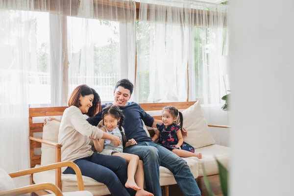 Happy Asian Family Playing Together Sofa Home Living Room — Stock Photo, Image