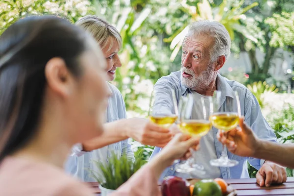 Группа Пожилых Людей Веселится Дома Пьет Белое Вино Поет Песни — стоковое фото