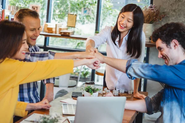 Business Diversity People Stacking Hands Teamwork Concept Cafe — Stock Photo, Image