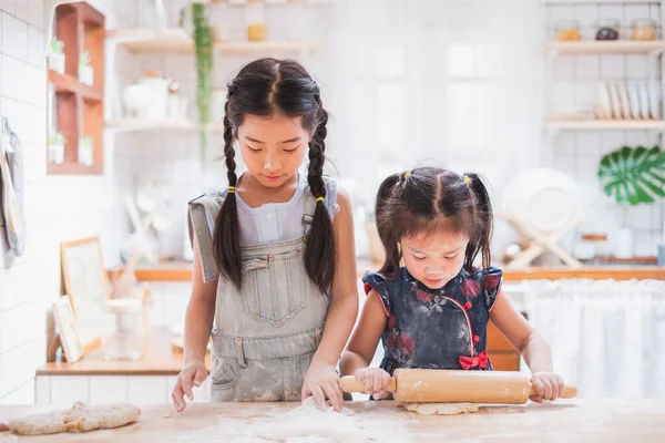 Two cute girls making cake / cooking in kitchen at home