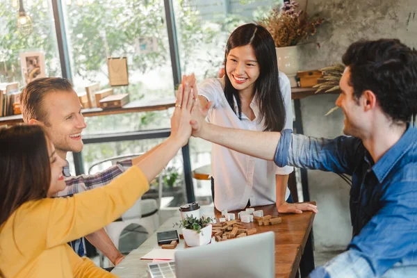 Business Diversity People Stacking Hands Teamwork Concept Cafe — Stock Photo, Image