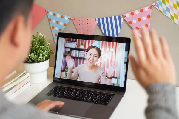 Asijky Užívají Oslavy Mávání Párty Prostřednictvím Videohovorů Konference Nové Normální — Stock fotografie