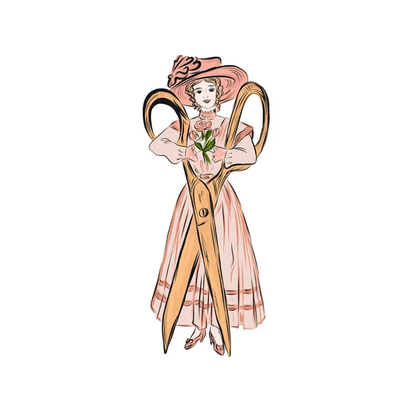 Швея Держит Ножницы Цветы Женщина Длинном Платье Широких Краях Винтажном — стоковый вектор