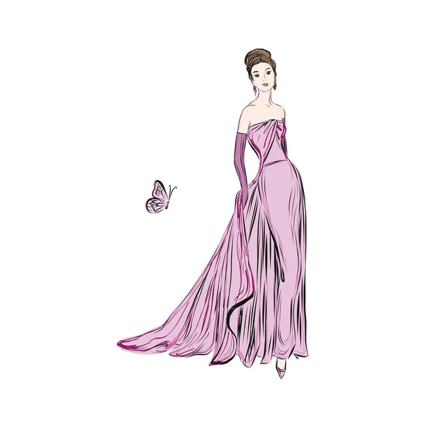 Женщина Вечернем Розовом Платье Наряд Бала Коктейльной Вечеринки — стоковый вектор