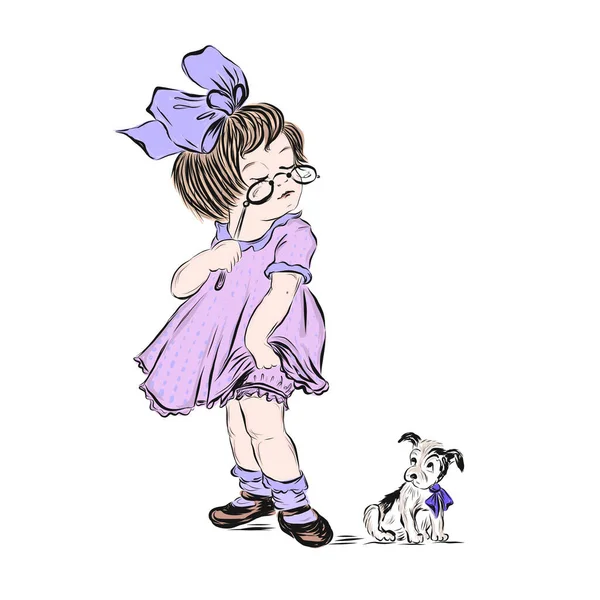 Chica Vestido Lila Usando Pinta Nez Mira Cachorro Momento Infancia — Archivo Imágenes Vectoriales