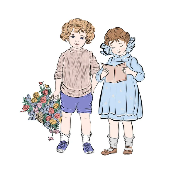 Boy Flowers Stands Next Reading Girl Blue Summer Dress Pair — Stock Vector