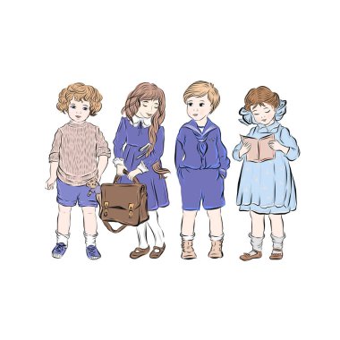 Sınıf arkadaşları bir arada dursun. Kız okul çantasını oyuncak ayıyla birlikte tutuyor. Okuyan kız. Neşeli arkadaşlarla dolu. Beyaz arka planda izole edilmiş, düz tarzda giyinmiş çocukların vektör figürü.
