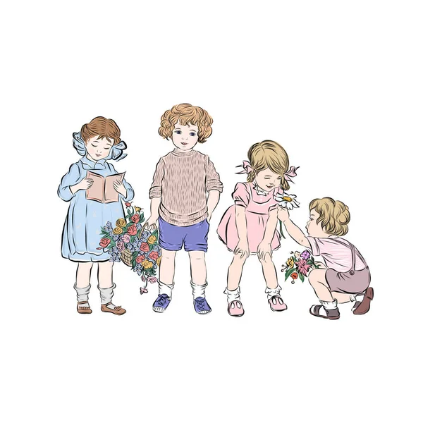 男孩送女孩花 男孩拿着一篮花 读者女孩 一群儿童站在一起 快乐的童年时光 — 图库矢量图片