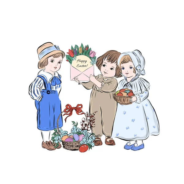 Group Children Preschool Age Congratulate Spring Religious Holiday Little Boy — Stock Vector