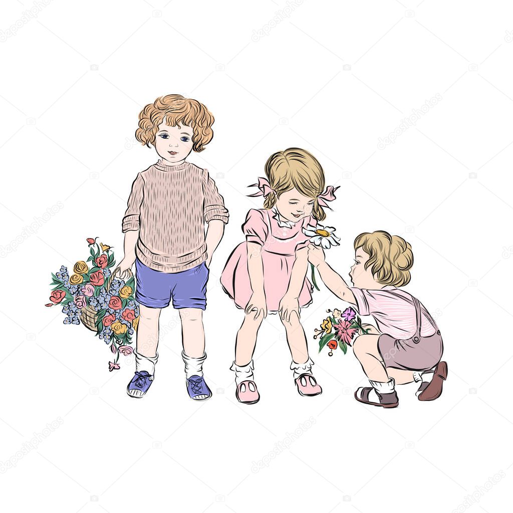  Boy gives flower to girl. Happy Birthday. Card Valentine's day. Women's day. 