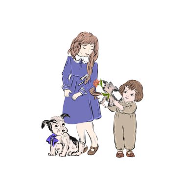  Küçük oğlan, ağzında çiçek olan bir kıza köpek yavrusu verir. Çocuklar ve evcil hayvanlar. 