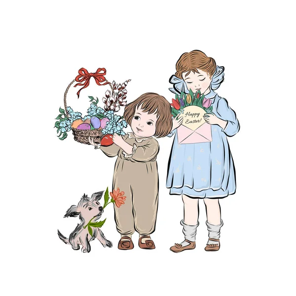 Entzückende Jungen Und Mädchen Wünschen Frohe Ostern Kind Überreicht Blumenkorb — Stockvektor