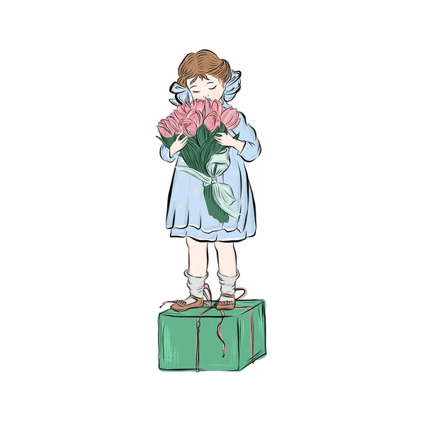 Mooi Jong Meisje Met Een Boeket Bloemen Een Geschenk Verpakt — Stockvector