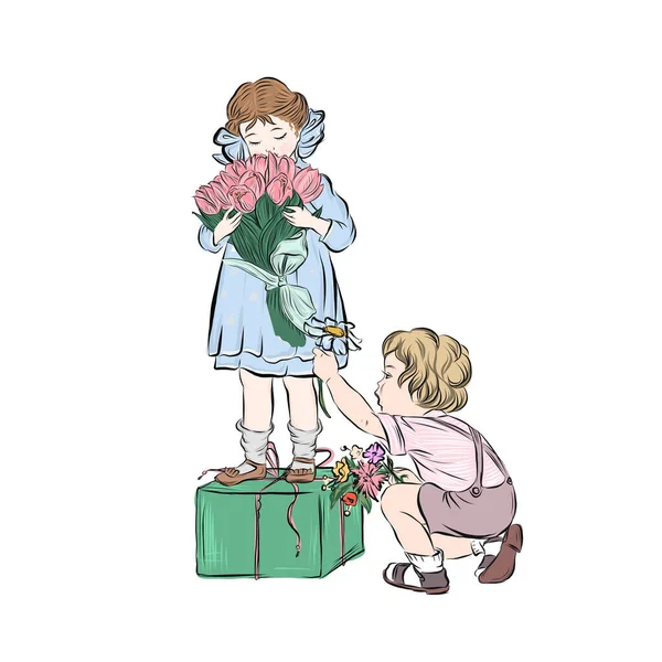 Anak Kecil Yang Lucu Memberikan Gadis Bunga Vektor Ilustrasi Orang - Stok Vektor