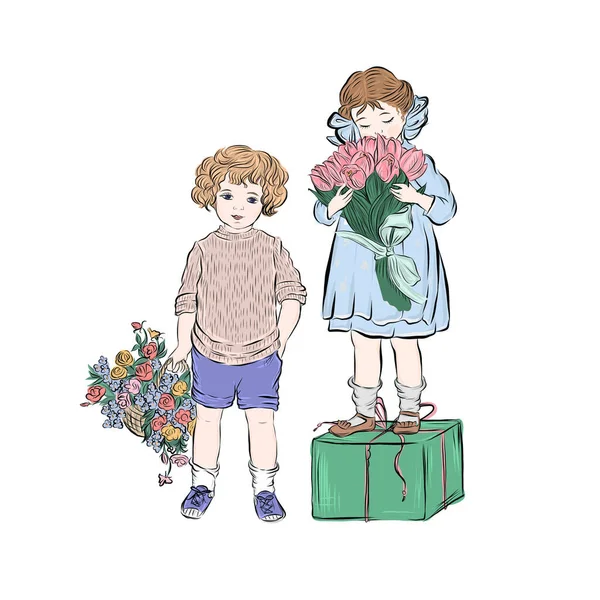 Glückliche Kinder Mit Geschenken Und Blumen Geburtstag Glücklicher Moment Der — Stockvektor