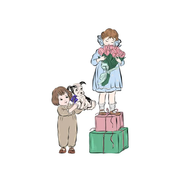 Enfants Heureux Avec Des Cadeaux Des Fleurs Anniversaire Joyeux Moment — Image vectorielle