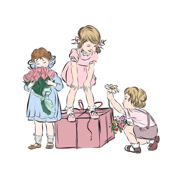 快乐的男孩让可爱的女孩们舒服起来 孩子们庆祝节日 — 图库矢量图片