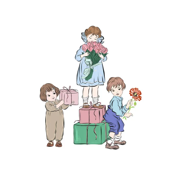 Enfants Heureux Avec Des Cadeaux Des Fleurs Anniversaire Joyeux Moment — Image vectorielle