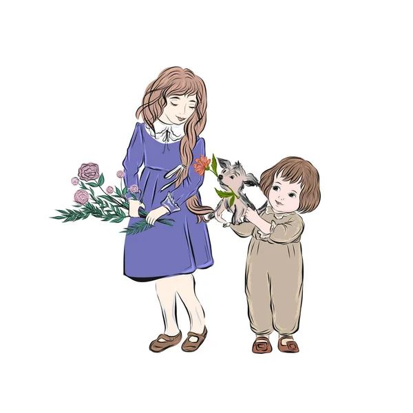 Petit Garçon Donne Chiot Fille Avec Fleur Dans Bouche Enfants — Image vectorielle