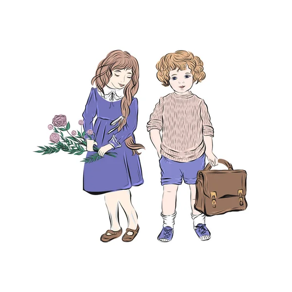 有书包的男孩和有花的女孩 — 图库矢量图片
